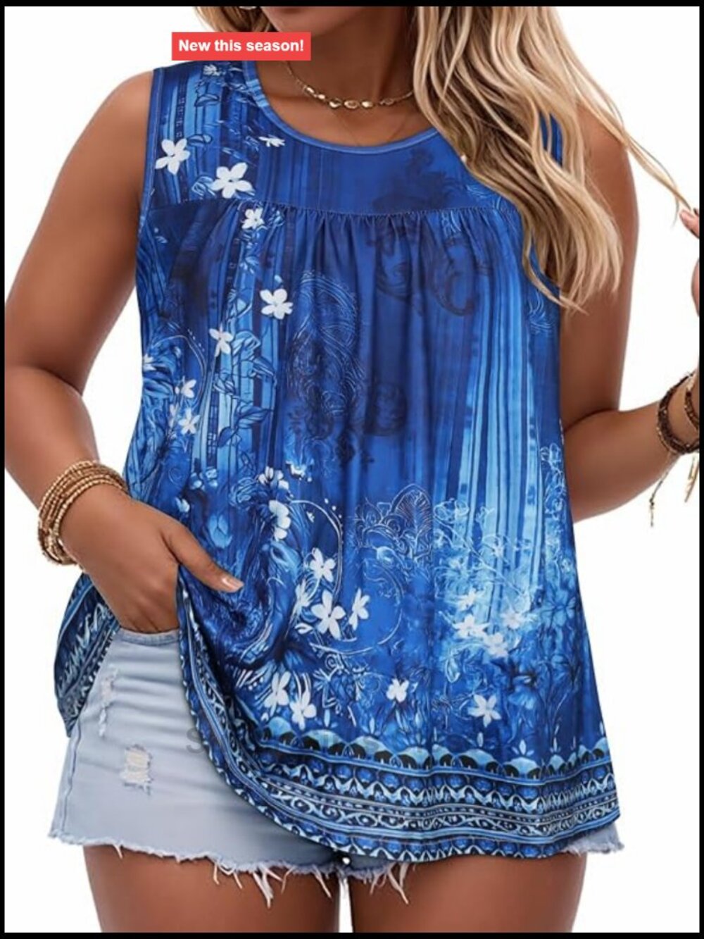 Plus Size Tank Top Sleeveless Crewneck Tunic Blouse Floral Loose Fit